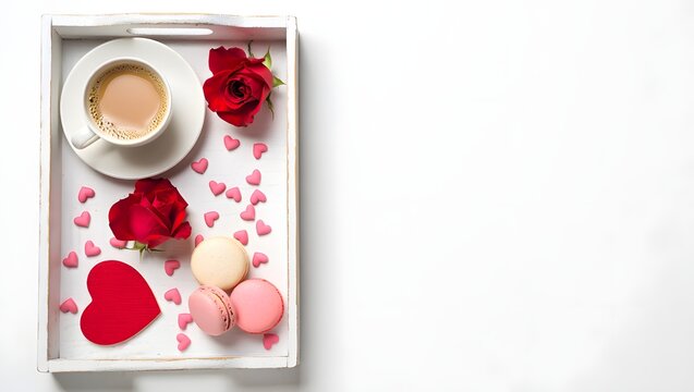 Valentine's day breakfast tray with coffee roses and macarons romantic morning treat