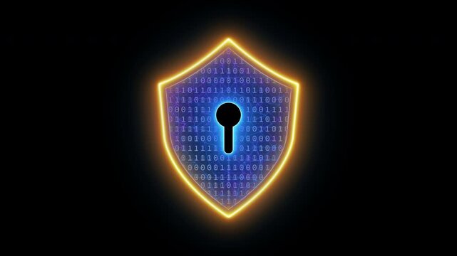 Cyber security concept, cybersecurity, secure access to user's personal information for lock and security system. Glowing neon line animated cyber security icon isolated on transparent background.