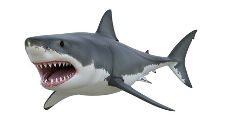 Fototapeta premium A great white shark with its mouth open and teeth visible isolated on transparent background