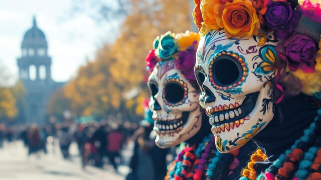Vibrant Day of the Dead celebration in an urban setting. Colorful skull masks adorned with flowers, symbolizing life and death, attract attention amidst festive activities.