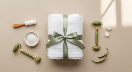 Luxurious spa gift set featuring a white towel with green ribbon, jade rollers, bath salts, and facial cleansing tools for ultimate relaxation and self-care.