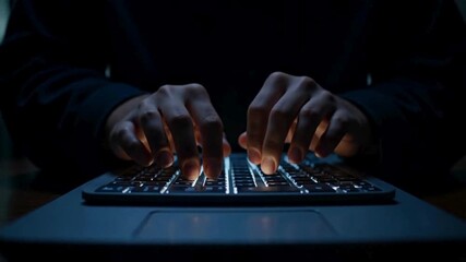 Person typing on a laptop keyboard in a dark room illuminated by the screen light source glow - Powered by Adobe