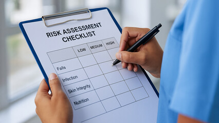 Healthcare professional holding risk assessment checklist for patient safety and health