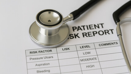 Healthcare risk assessment form with stethoscope showing patient risk report on white background