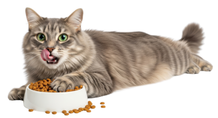 Gray tabby cat licking its lips with food bowl isolated PNG with Transparent Background