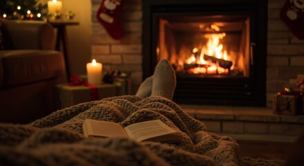 Cozy winter evening by the fireplace: feet in warm socks under a knitted blanket with a book.
