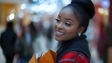 Beautiful happy African woman shopping in a mall, carrying multiple colorful bags during a Christmas sale. Festive atmosphere, joy of seasonal discounts, excitement of choosing gifts for loved ones - Powered by Adobe