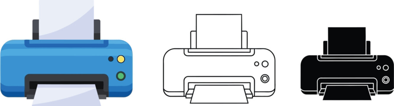 Printer machine vector illustration with color outline and black versions for graphic design use