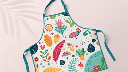 A vibrantly patterned apron featuring tropical plants and flowers is displayed against a soft background, ready for artistic endeavors