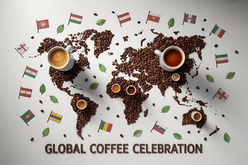 Global coffee celebration with world map made of coffee beans and international flags, emphasizing cultural appreciation through coffee