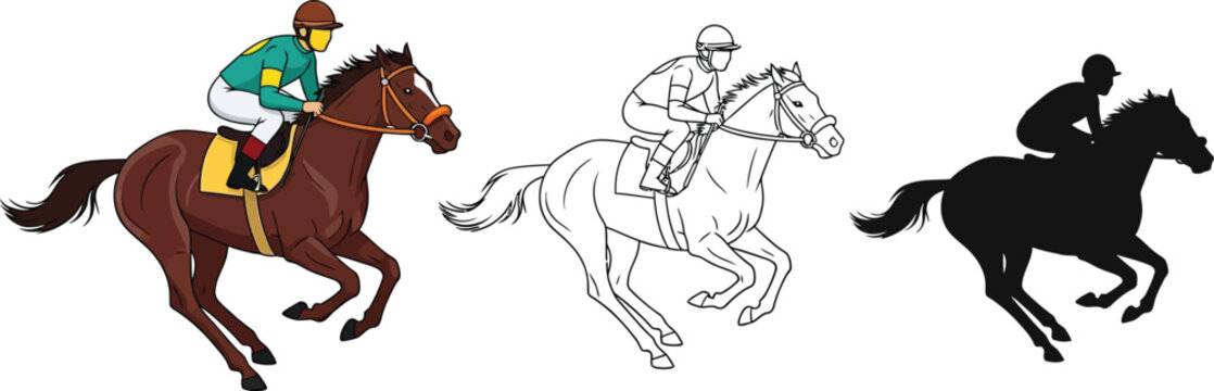 Horse racing vector illustration set, jockey riding thoroughbred horse, equestrian sport, racehorse clip art