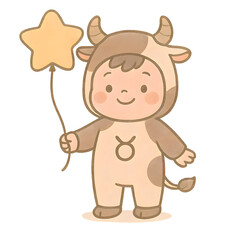 Cute cartoon child dressed in a cow-themed onesie with Taurus zodiac symbol, holding a star-shaped balloon and smiling sweetly.
