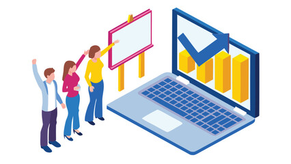 Isometric view of a team celebrating success with charts on a laptop and a blank presentation board