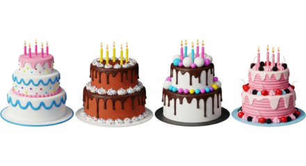 Four decorated tiered birthday cakes with candles isolated PNG with Transparent Background