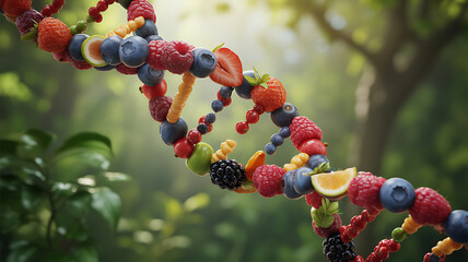 D N A strand made of fresh berries and fruits in a natural green setting helix genetics