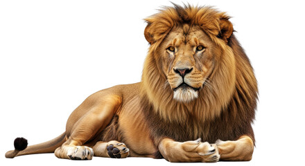 Fototapeta premium Majestic lion lying down with furry mane isolated PNG with Transparent Background