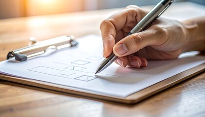 Hand drawing UI mockup on clipboard