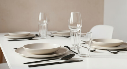 Modern minimalist dining table set for meal with neutral ceramic plates, glassware, and black cutlery arranged for four people in contemporary bright interior
