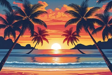 Tropical Beach Sunset Palm Trees Vector Background Relaxing Vibes