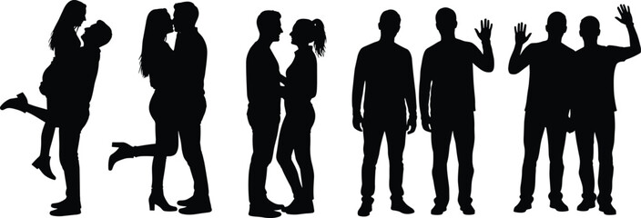 Silhouettes of couples and friends in social poses, romantic gestures, unity, hugging, kissing, standing together, black and white illustration