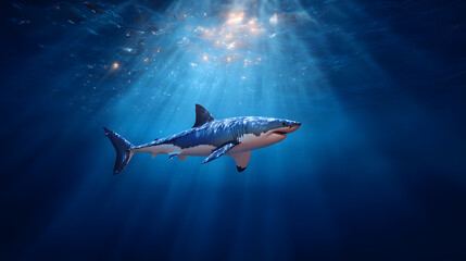 Obraz premium Shark swimming underwater with sunlight rays shining through, deep sea wildlife scene, ocean predator in natural habitat.