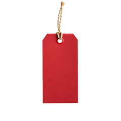 A single bright red rectangular paper gift tag with a natural twine string isolated on transparent background
