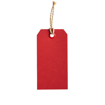 A single bright red rectangular paper gift tag with a natural twine string isolated on transparent background