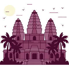 Angkor Wat (Cambodia) - Stylized illustration of angkor wat temple complex with palm trees and birds under a pale yellow sun