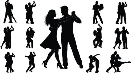Silhouettes of couples performing elegant ballroom and Latin dance poses, tango, salsa, waltz, festive movement, celebration, black and white illustration