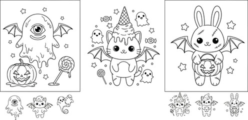 Halloween coloring pages cute kawaii monster ghost cat bunny bat wings pumpkin candy for kids and adults fun activity