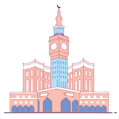 Obraz premium Stylized illustration of the makkah royal clock tower a prominent landmark in saudi arabia featuring a crescent moon
