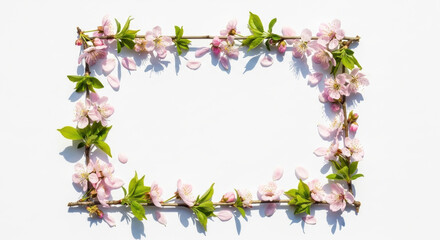 Rectangular frame of blooming cherry blossom branches with delicate pink flowers and fresh green leaves arranged on white background, spring floral border composition