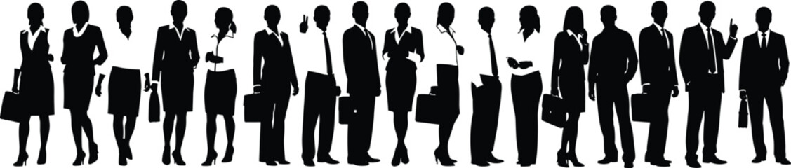 Silhouettes of diverse office professionals, business attire, team collaboration, corporate staff, leadership, formal meeting, career concept, black and white