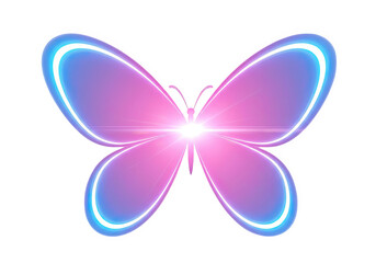 Fototapeta premium A glowing neon butterfly with pink and blue wings emits bright light isolated on transparent background