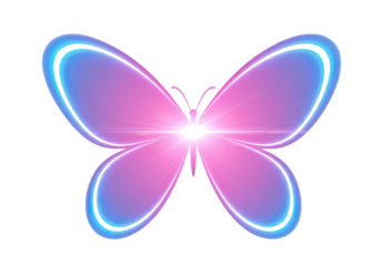 A glowing neon butterfly with pink and blue wings emits bright light isolated on transparent background