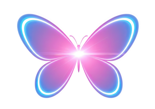 A glowing neon butterfly with pink and blue wings emits bright light isolated on transparent background