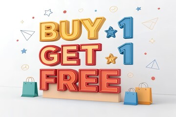 A buy one get one free retail marketing promotion with shopping bags