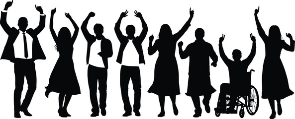 Silhouettes of diverse people dancing and celebrating, inclusive joyful party scene, wheelchair user, festive crowd, community happiness, black illustration