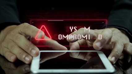 A cybersecurity alert screen showing system compromised warning with red interface, breach detected icon, and urgent visual UI. Ideal for cybersecurity, IT, or business risk content. - Powered by Adobe