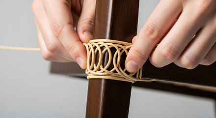 Detailed closeup of skilled hands weaving rattan around wooden chair frame, demonstrating traditional furniture crafting technique and artisanal craftsmanship in furniture making process