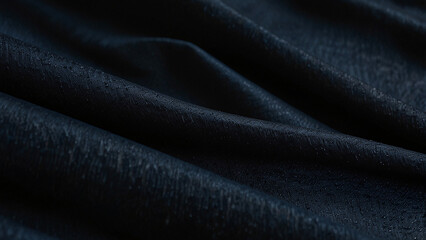 Close up of dark navy blue textured fabric with soft folds