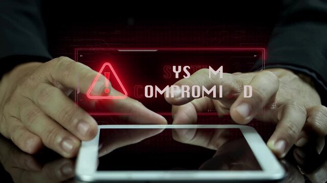 A cybersecurity alert screen showing system compromised warning with red interface, breach detected icon, and urgent visual UI. Ideal for cybersecurity, IT, or business risk content.