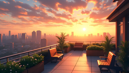 University Building Golden hour anime-style rooftop garden above a university, with benches, planters, and distant city skyline. (1).jpg