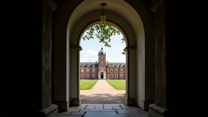Fototapeta premium University Building Heritage academic building seen through archway entrance with soft light, tree branches framing the view. (1).jpg