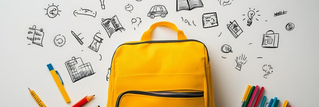 Vibrant yellow backpack sitting against a white backdrop, surrounded by school supplies like pens, pencils, and markers, along with hand drawn back to school icons