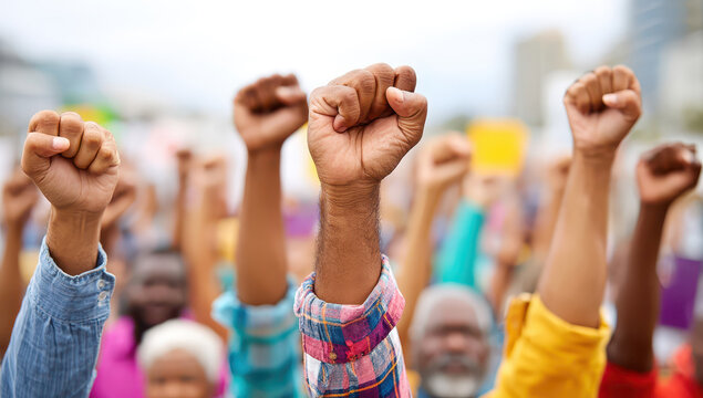A group of people raising their fists in solidarity