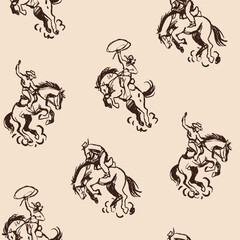 Horse rodeo set. Cowboy on horse in movement. Various positions. Western traditional sport. Hand drawn modern Vector illustration. Square seamless pattern, background, wallpaper