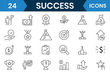 Success and growth editable icons set design. Success icon set design. Success, personal, professional, business, Achievement, handshake, victory, growth icon vector illustration.