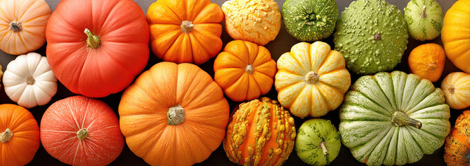 A colorful arrangement of pumpkins and gourds in various shapes and sizes