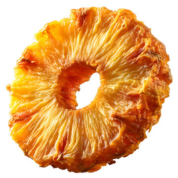 Golden dried pineapple ring with crisp surface and fibrous detail, softly backlit and isolated on a transparent background for tropical or healthy snack themes. --v 7.0 --s 250 --raw